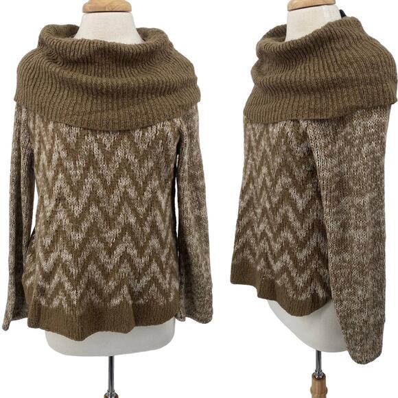 Wooden Ships Sweater Cowl Neck Chevron Patterned Wool Pullover Beige Womens M/L - Picture 1 of 8